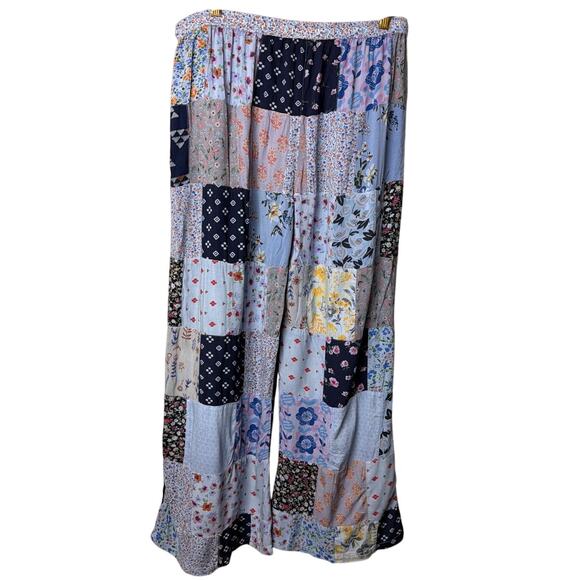 Blue Sky Patchwork Pants Wide Leg Rayon Ditsy Floral Boho Indie Cottage Size XL - Picture 3 of 8